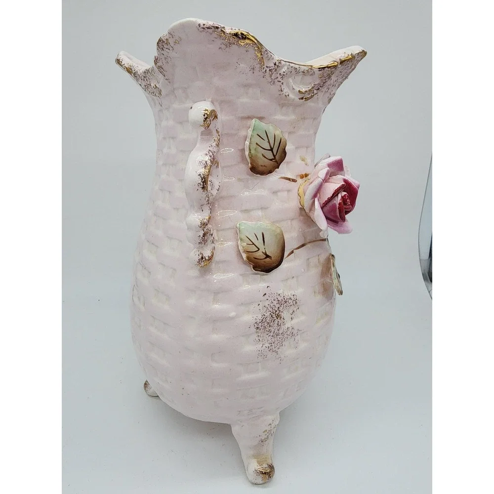 Vintage Pink Basketweave Ceramic Vase 3D Applied Roses Gold Gilt Trim 7.5in